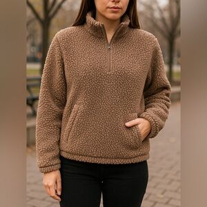 SAGE Collective Small Taupe Sherpa Teddy Fleece Quarter Zip Pullover Sweatshirt